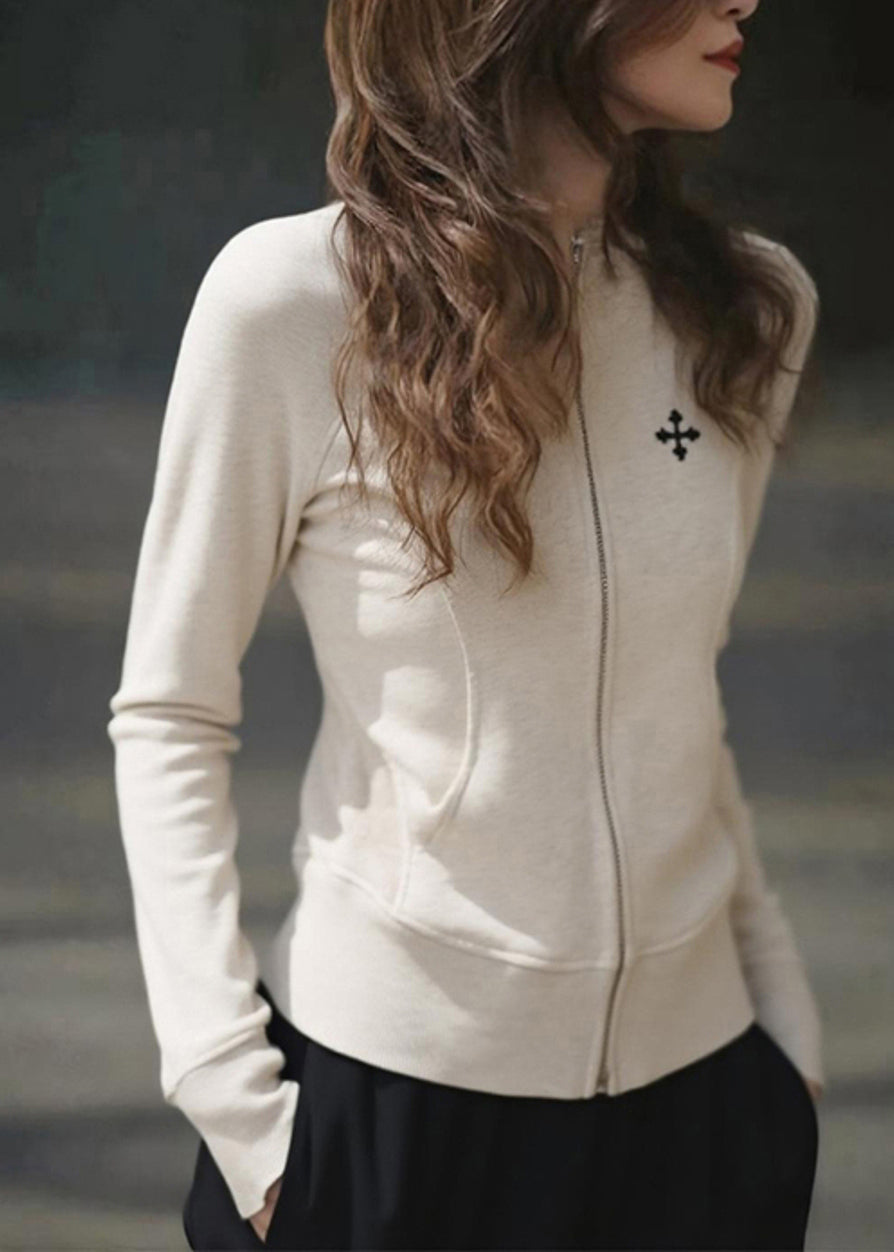 Manteaux en coton beiges slim fit à col rond et fermeture éclair patchwork pour l'automne - Urbann-Vibe