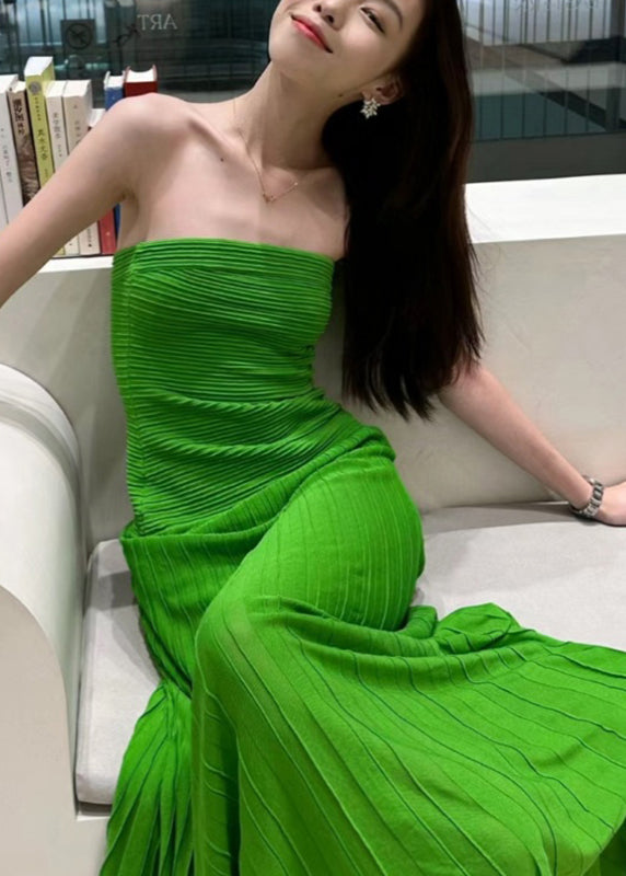 Robe longue en tricot à épaules dénudées et coupe slim verte pour l'été - Urbann-Vibe