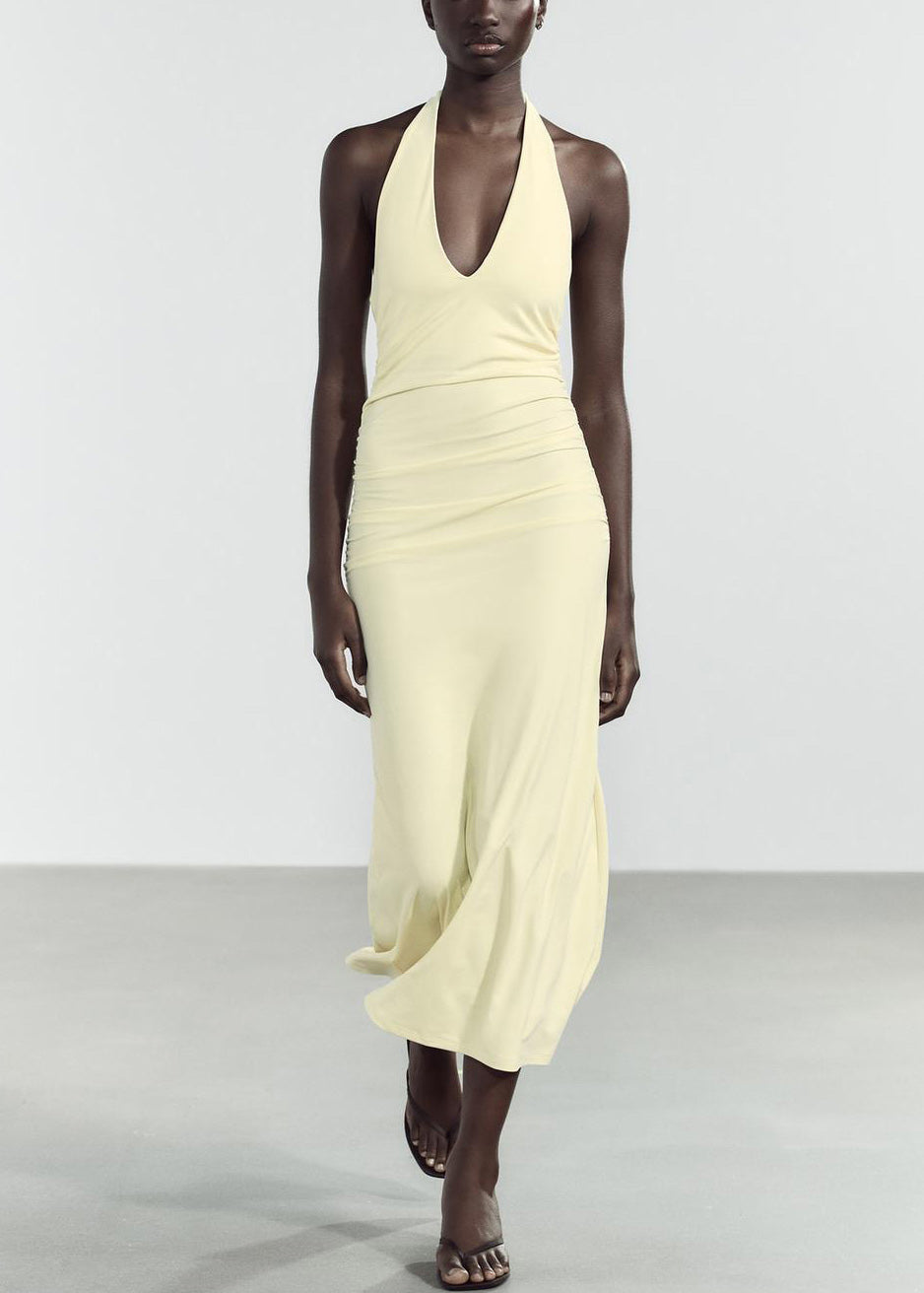 Robe longue en coton jaune clair, coupe ajustée, col en V, dos nu, sans manches - Urbann-Vibe