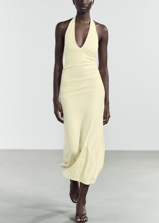 Robe longue en coton jaune clair, coupe ajustée, col en V, dos nu, sans manches - Urbann-Vibe