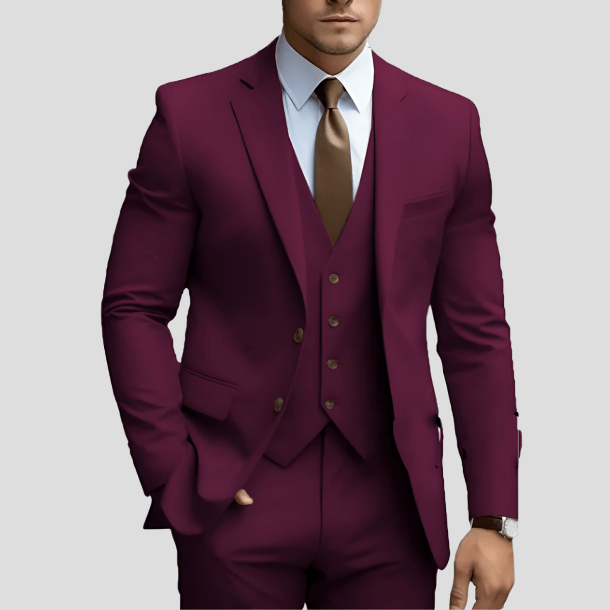 Drew men's navy slim-fit three-piece executive suit set with coordinated blazer, vest, and trousers