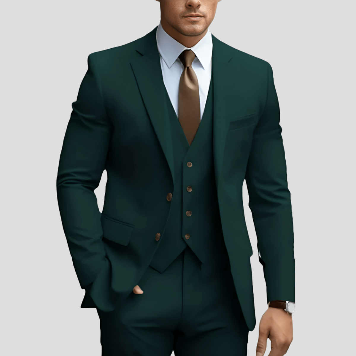 Men's three-piece executive suit set in classic dark tone, slim tailored fit with matching vest