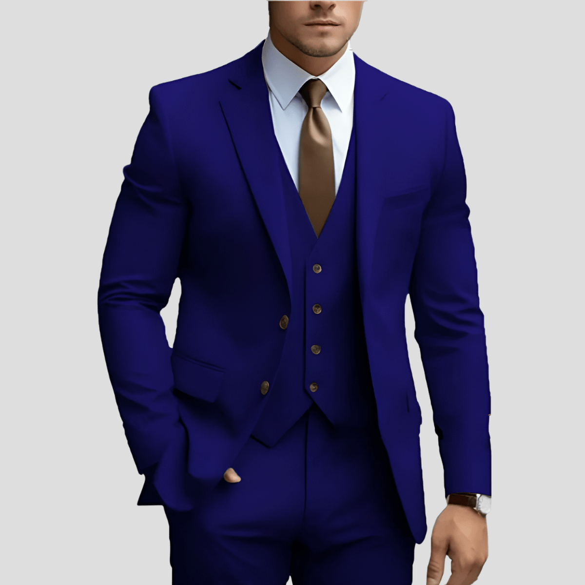 Men's navy slim fit three-piece executive suit set with coordinated blazer, vest, and trousers