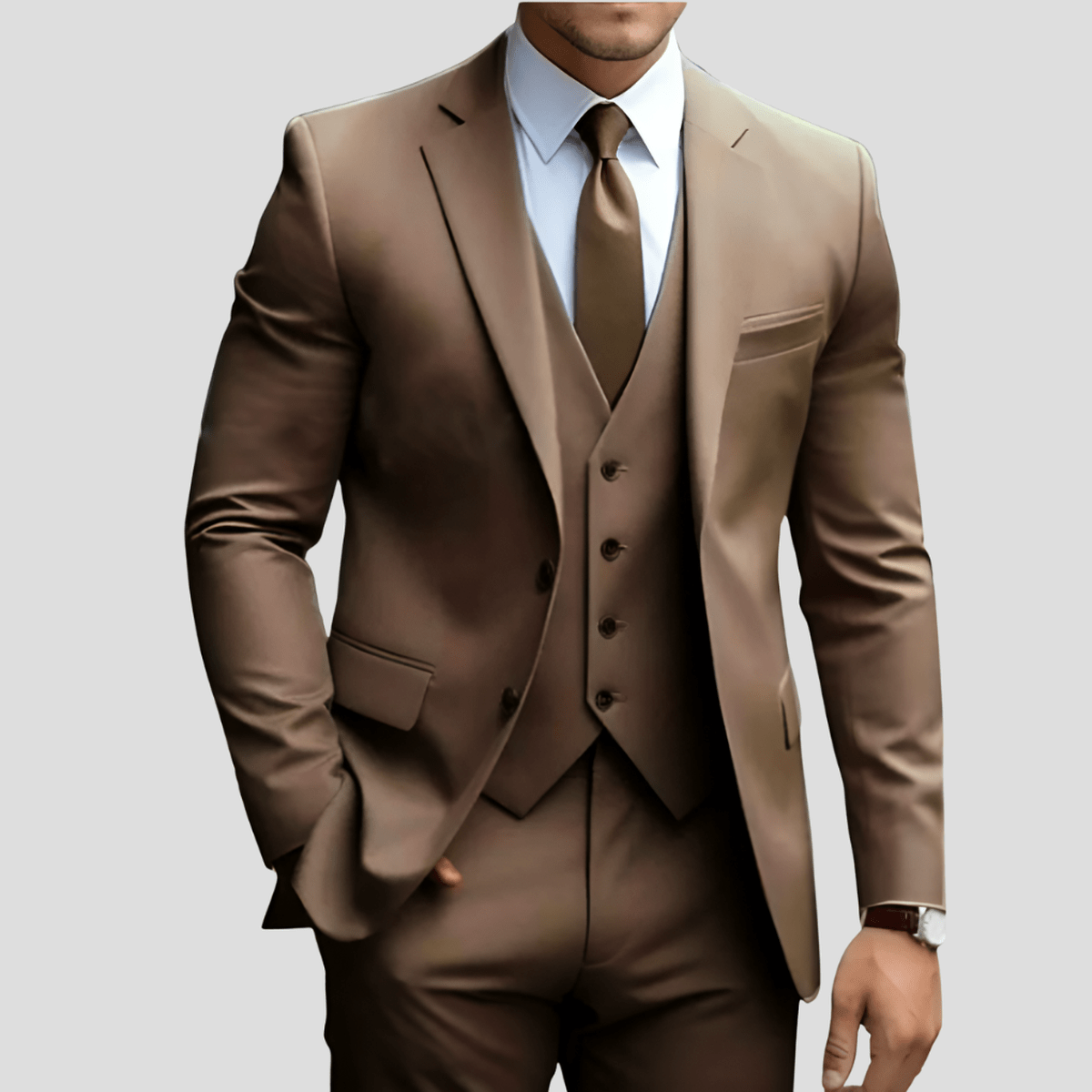 Men's dark slim-fit three-piece executive suit set with matching blazer, vest, and tailored trousers
