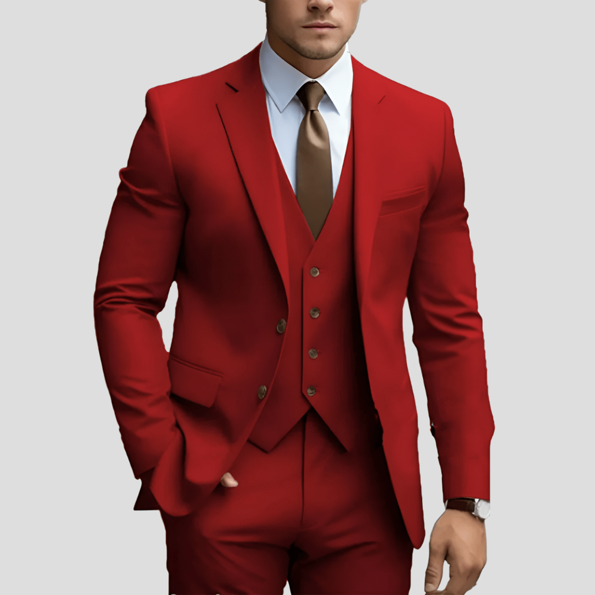 Men's navy slim-fit three-piece executive suit set with coordinated blazer, vest, and trousers