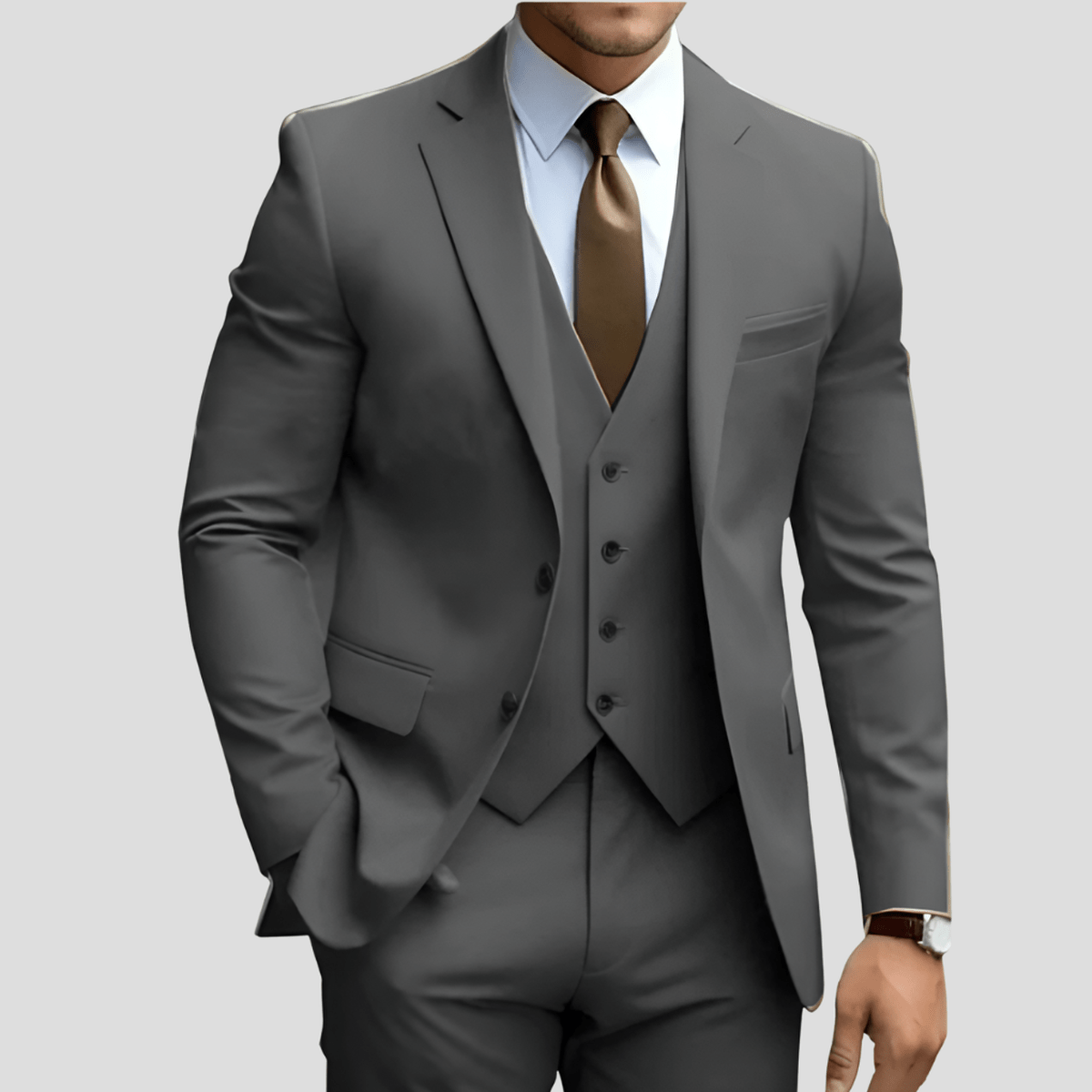 Drew men's navy slim-fit three-piece executive suit set with matching vest, blazer, and trousers