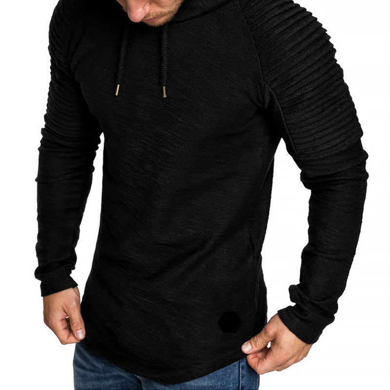 Men's slim fit autumn hoodie with drawstring hood and folded sleeve detail in casual style