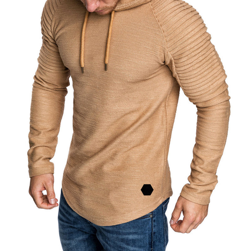 Men's slim fit autumn hoodie in neutral tone with drawstring hood and folded sleeve detail