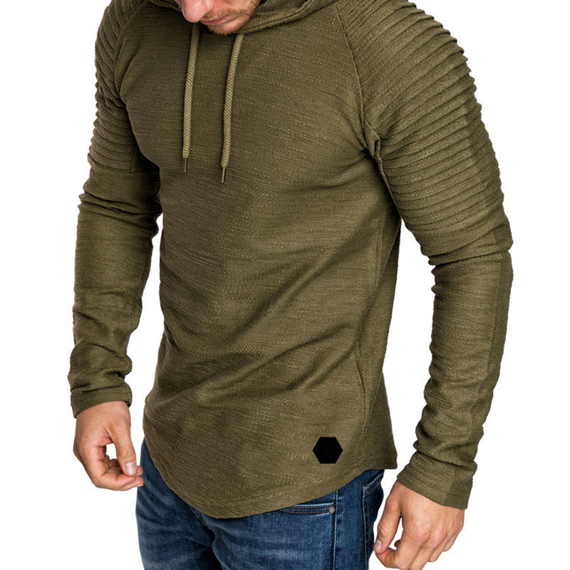 Men's slim fit autumn hoodie in neutral tone with drawstring hood and folded sleeve detail