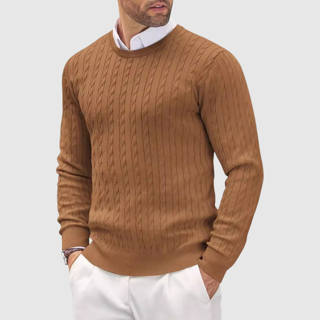 Men's slim fit cable knit crewneck sweater with ribbed cuffs, casual yet refined everyday style