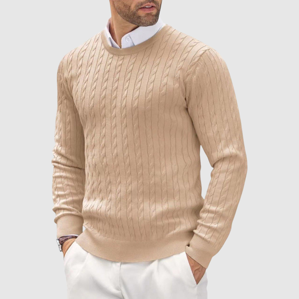Men's slim fit cable knit crewneck sweater with ribbed cuffs, casual refined style