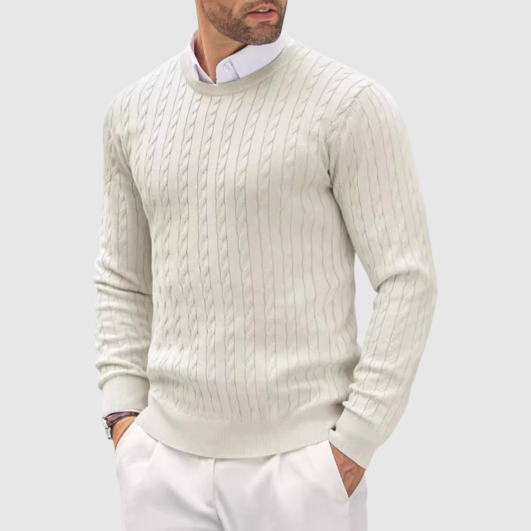 Men's slim fit cable knit crewneck sweater with ribbed cuffs, casual yet refined everyday style