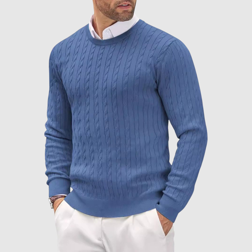 Men's slim fit cable knit crewneck sweater with ribbed cuffs, casual refined style