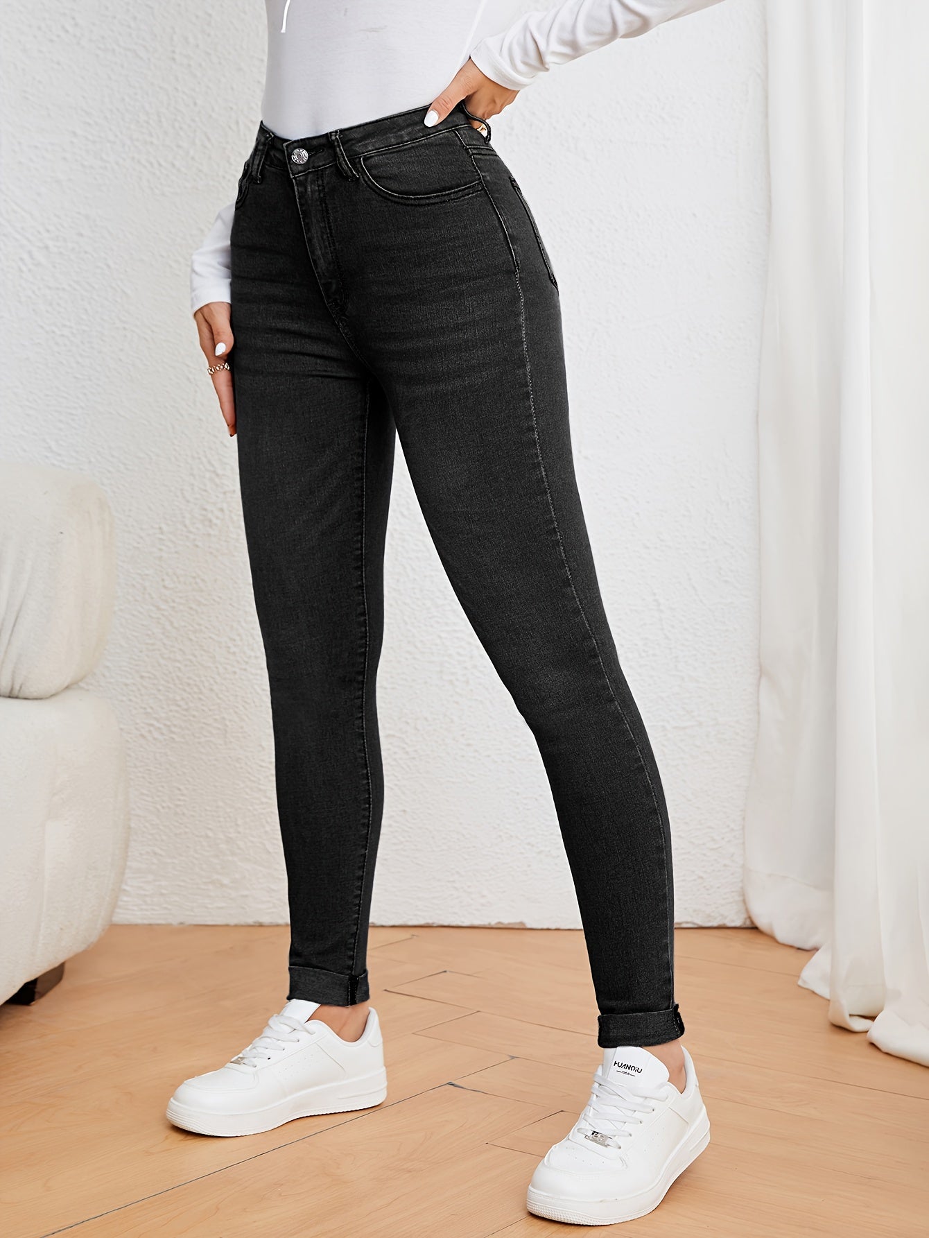 Women's high waist slim fit jeans flattering silhouette sleek modern cut all day comfort