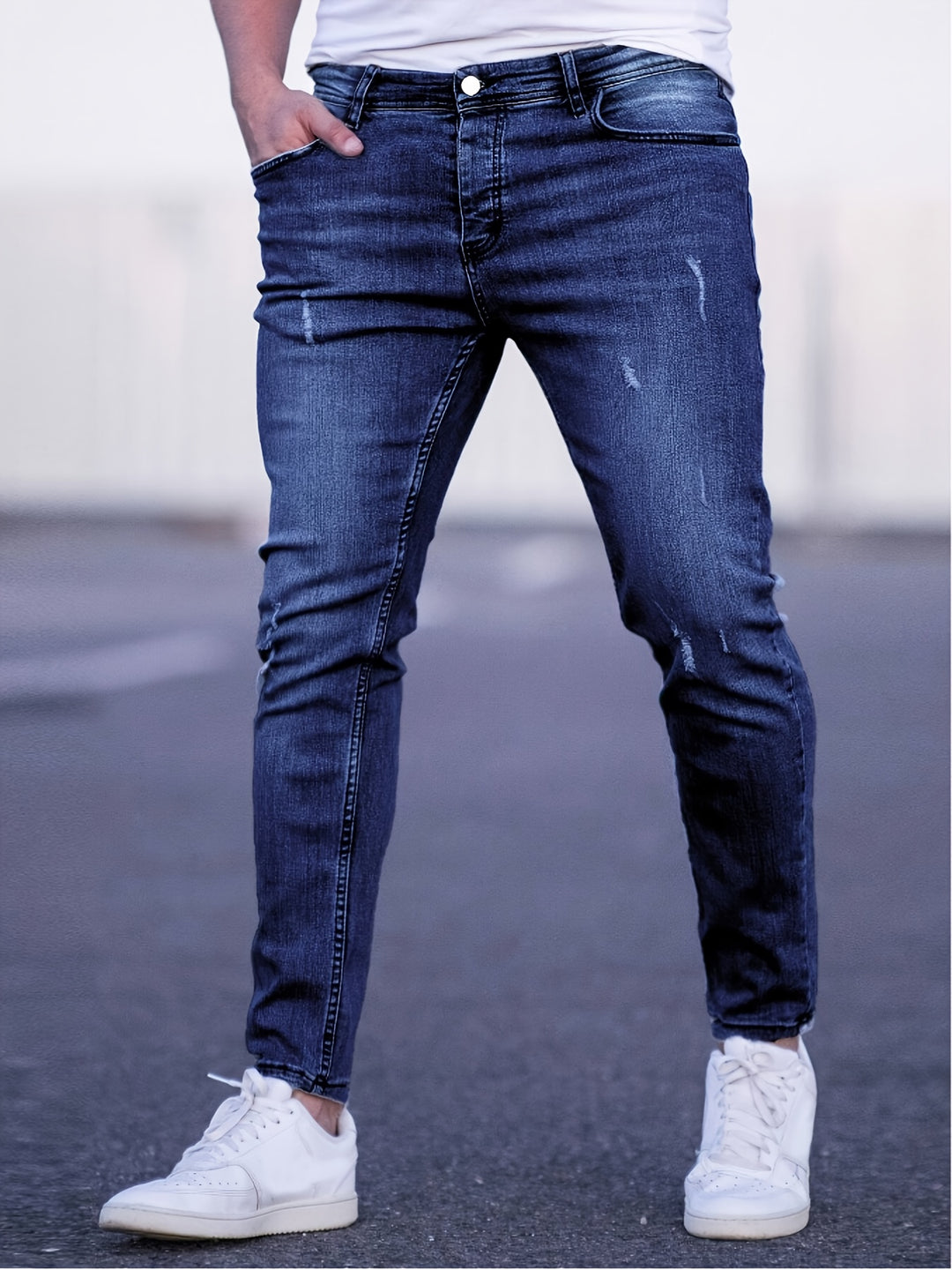 Men's slim fit stretch jeans modern silhouette medium flex denim comfortable everyday wear