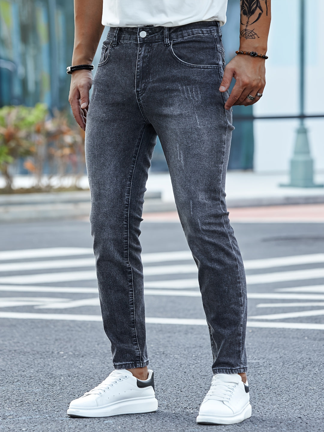 Men's slim fit jeans medium stretch comfortable denim regular length contemporary silhouette