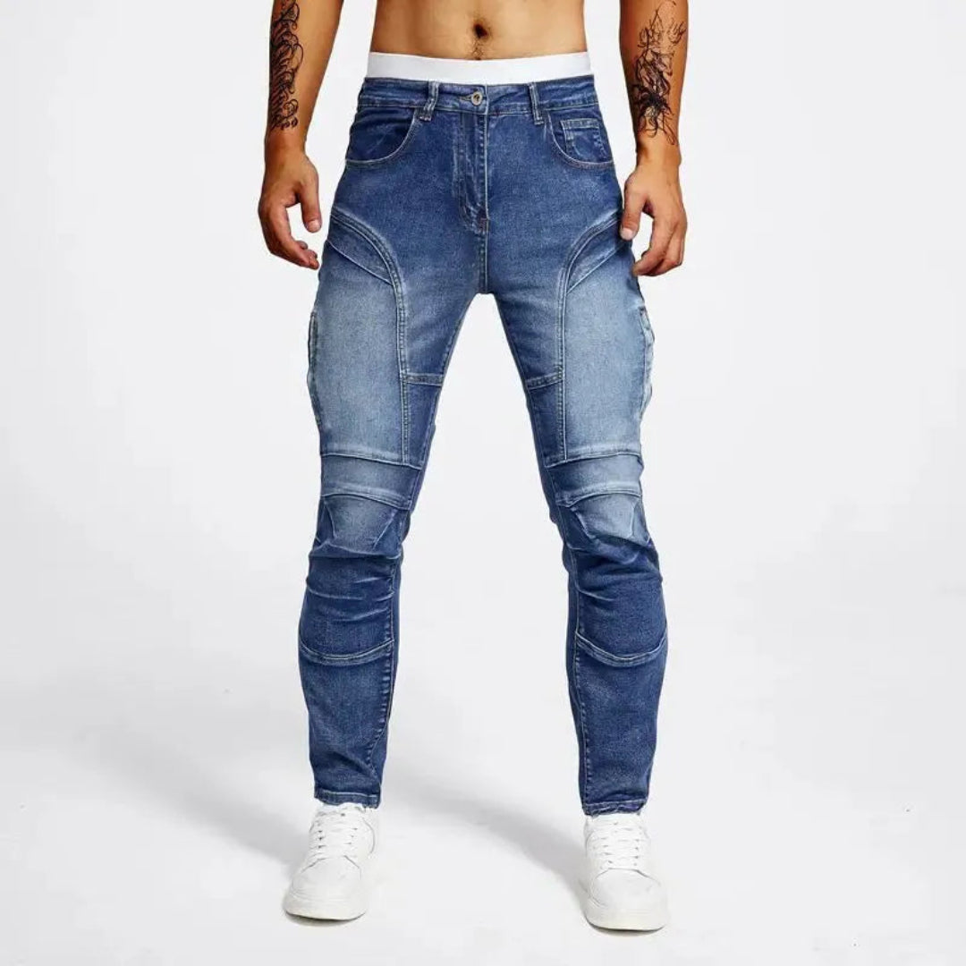 Men's slim fit moto jeans in dark wash stretch denim with distinctive biker panel seams