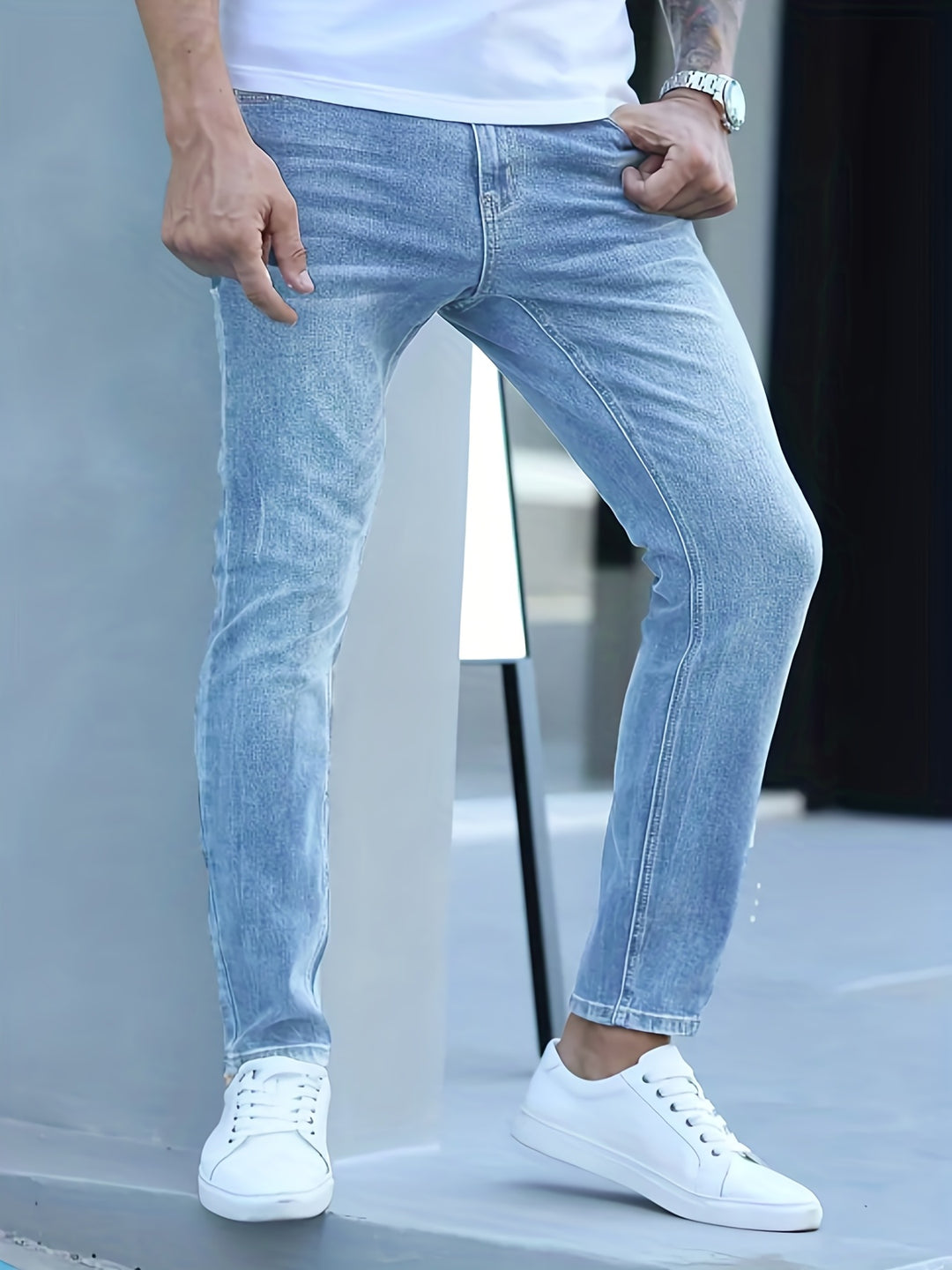 Men's slim fit stretch jeans in classic blue denim with flexible fabric for all-day comfort