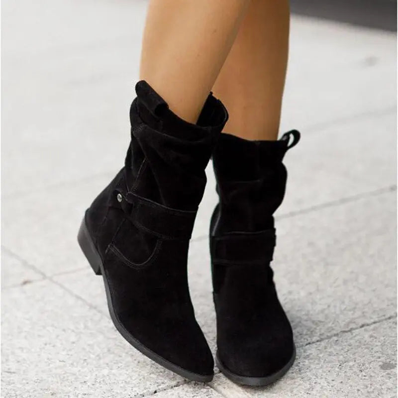 Women's faux suede slouched ankle boots with low heel and buckle strap in relaxed chic silhouette