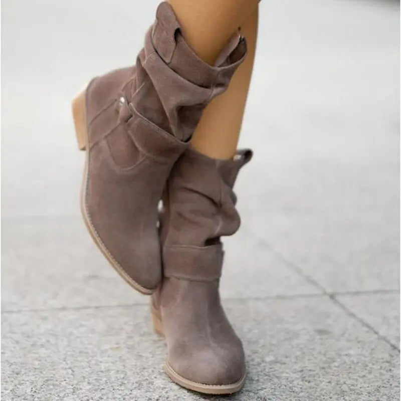 Women's slouched ankle boots in faux suede with low heel and buckle strap for everyday chic style