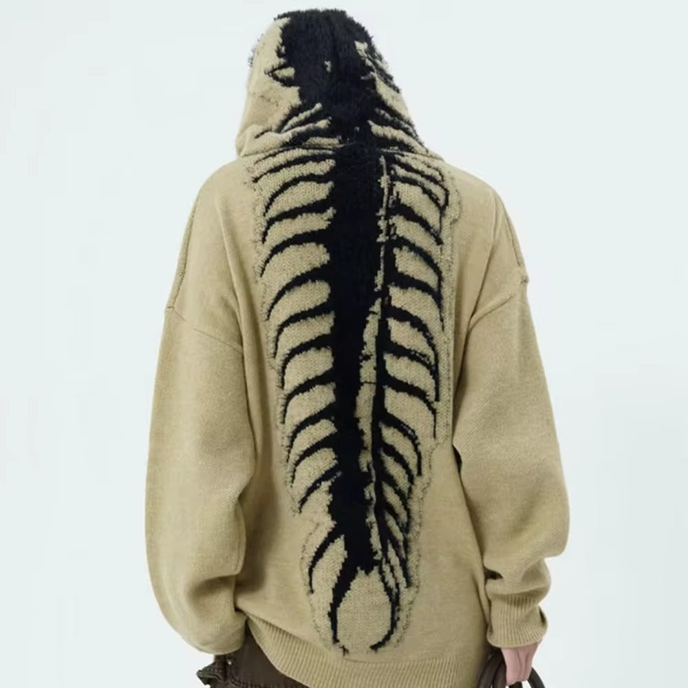 Anthracite knit hoodie with oversized centipede spine motif bold grunge streetwear relaxed fit