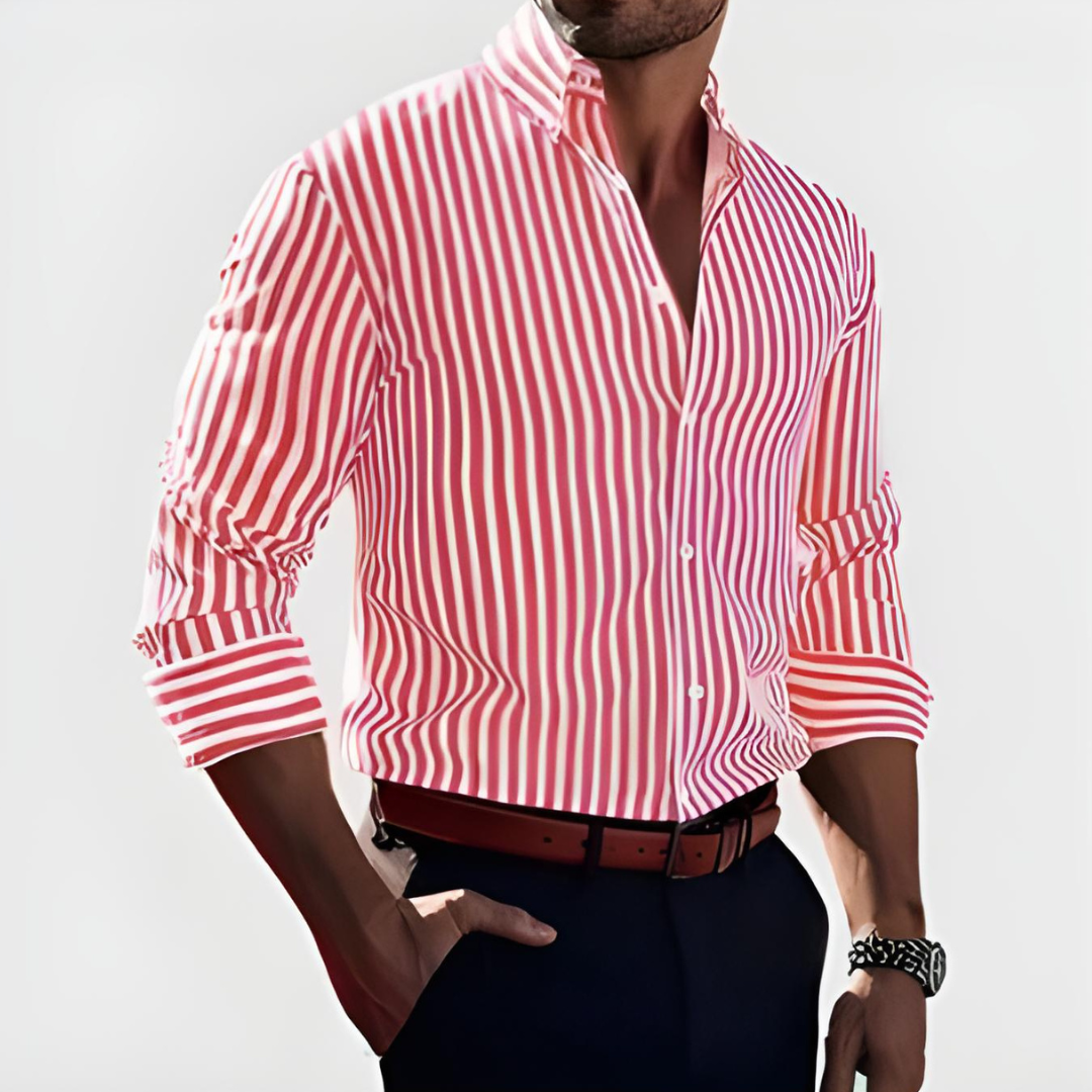 Men's slim fit button-up shirt classic collar vertical stripes breathable comfort everyday wear