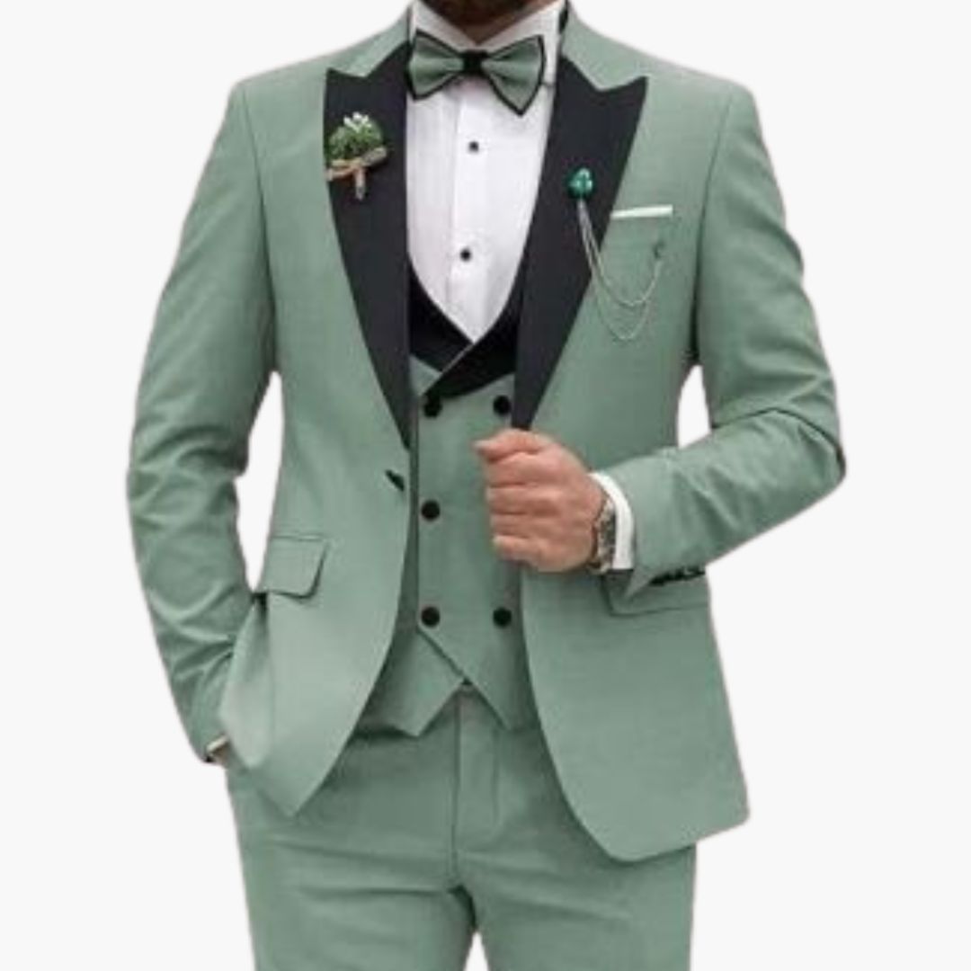 Men's slim fit three-piece black tuxedo with satin lapel jacket and matching vest for weddings