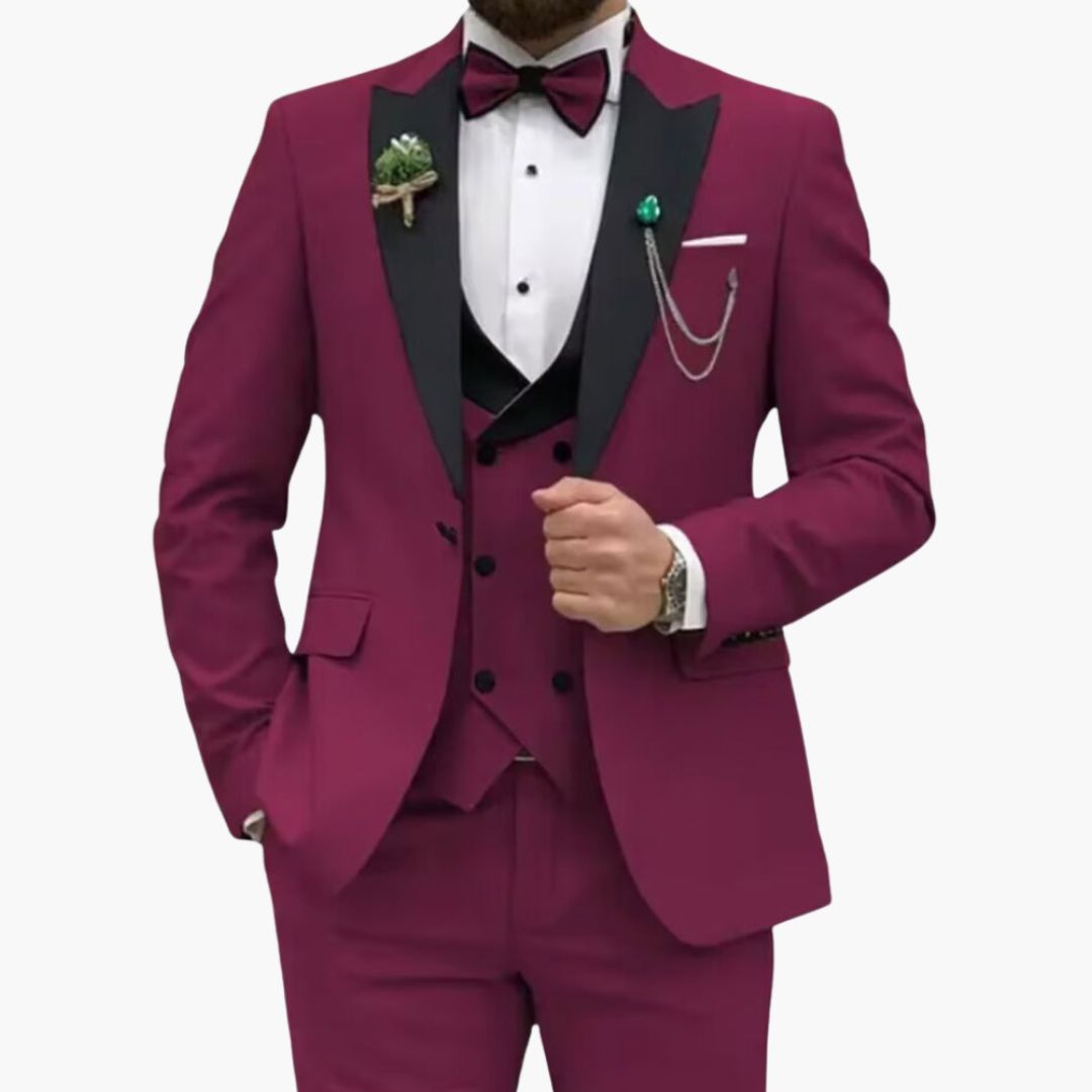 Men's slim fit three-piece black tuxedo with satin lapel jacket and matching vest for weddings