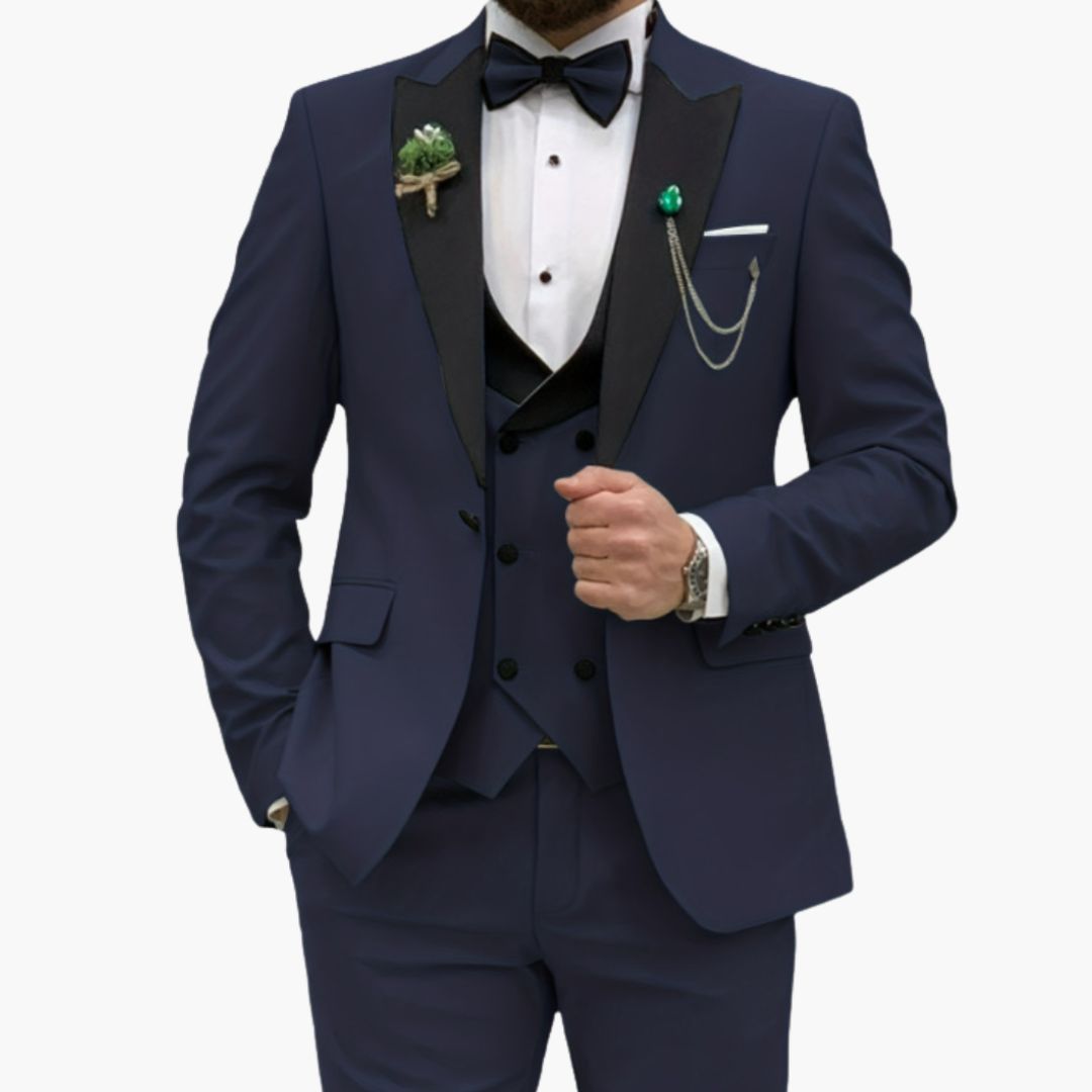 Men's slim fit three-piece tuxedo suit black satin lapel jacket vest wedding formal wear