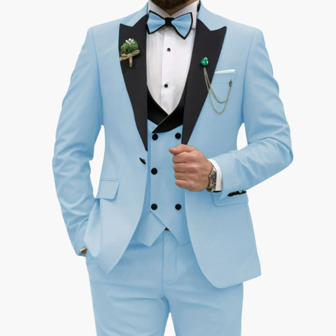 Men's slim fit three-piece tuxedo suit in black with satin lapel jacket and matching vest for weddings