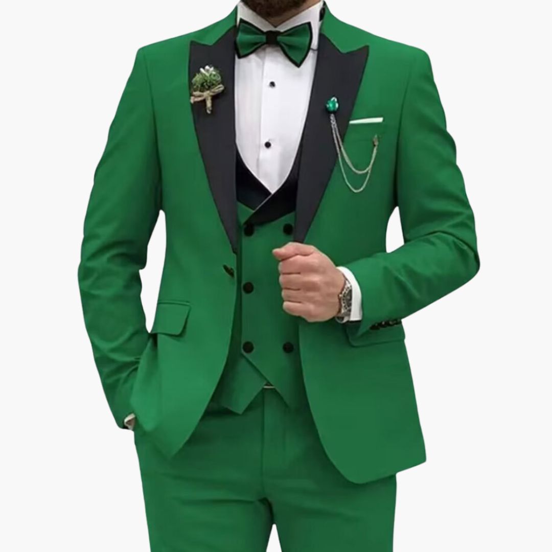 Men's slim fit three-piece black tuxedo with satin lapel jacket and matching vest for weddings