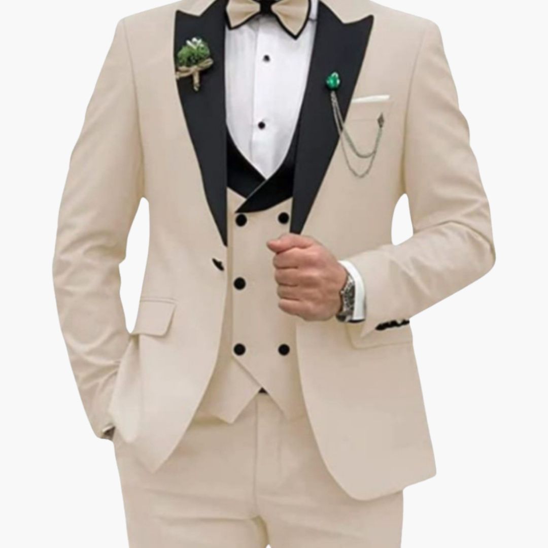 Men's slim fit three-piece black tuxedo with satin lapel jacket and matching vest for weddings