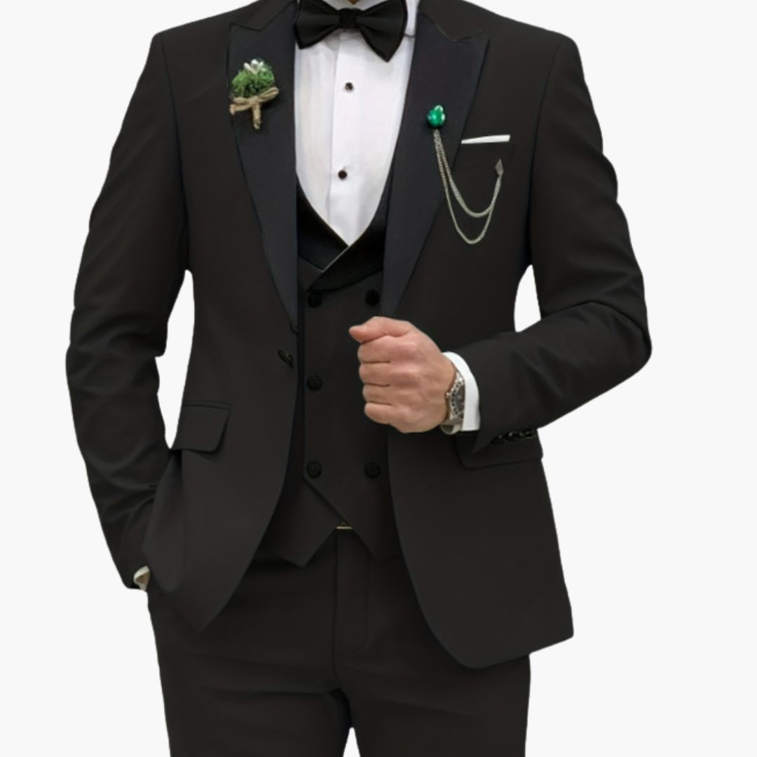 Men's slim fit three-piece black tuxedo with satin lapel jacket and matching vest for weddings