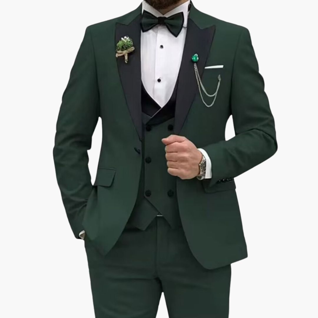 Men's slim fit three-piece black tuxedo suit with satin lapel jacket and matching vest for weddings
