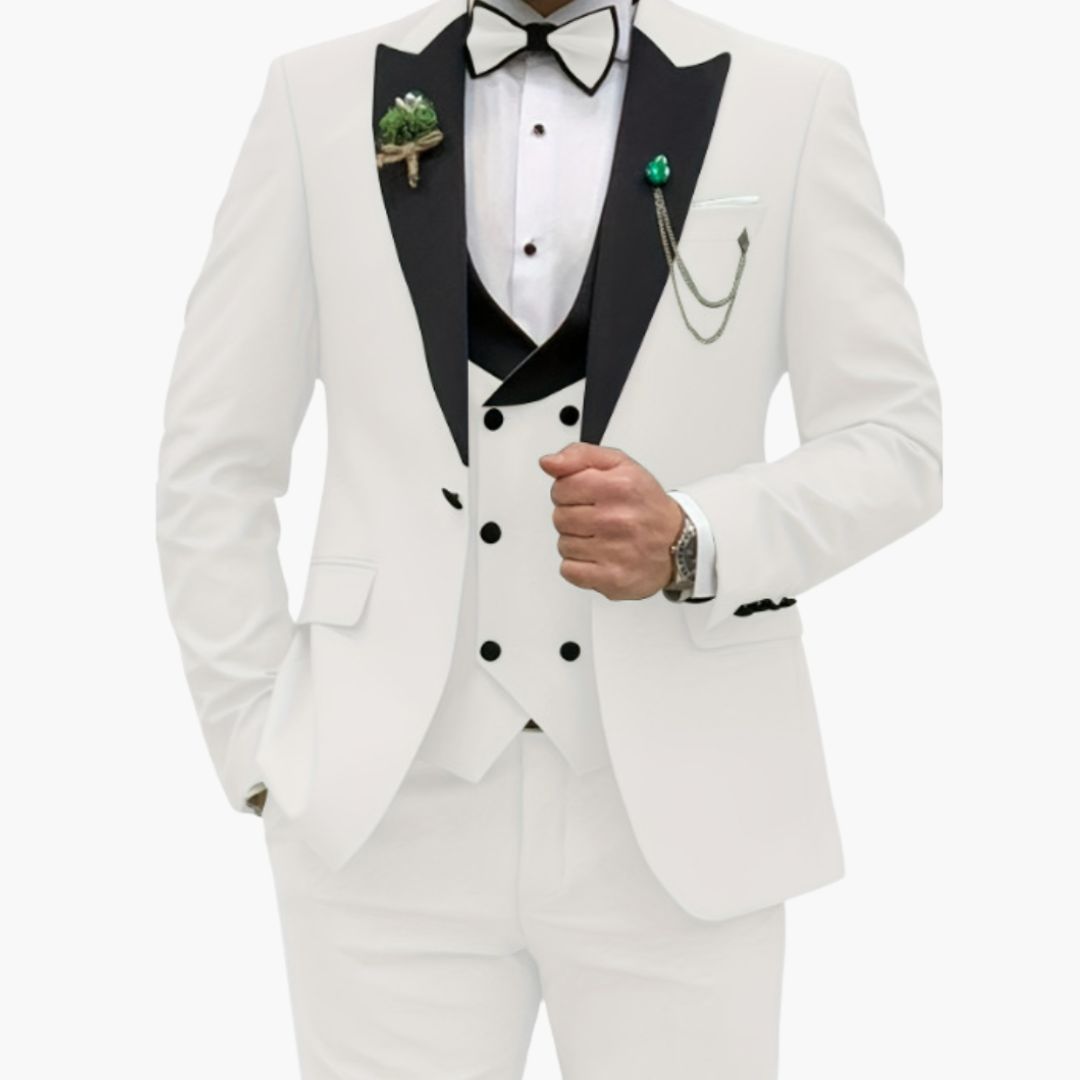 Men's slim fit three-piece black tuxedo with satin lapel jacket and matching vest for weddings