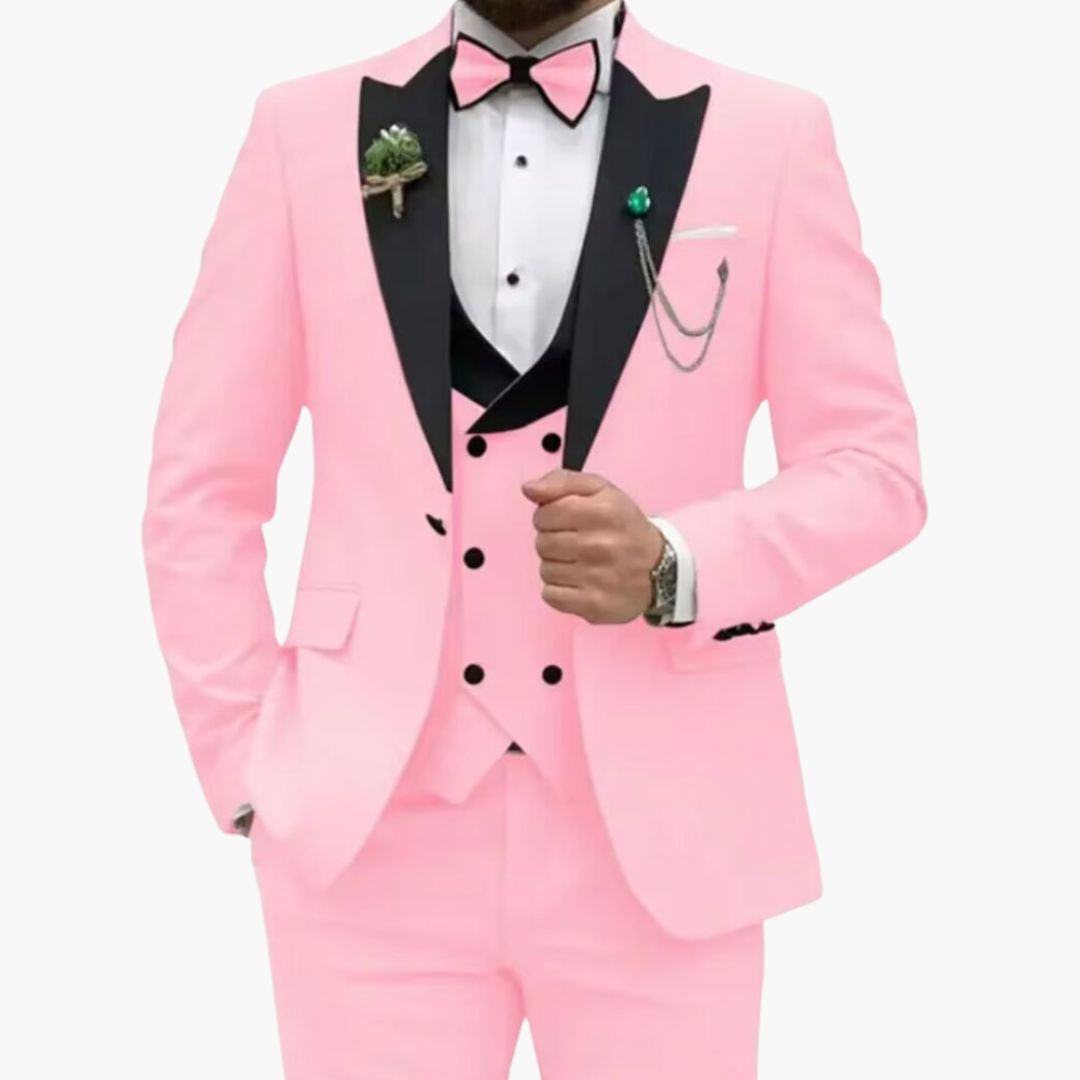 Men's slim fit black three-piece tuxedo with satin lapel jacket and matching vest for weddings