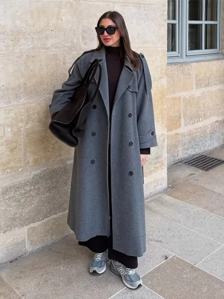 Women's long wool trench coat in classic winter tones, polished silhouette with full-length coverage