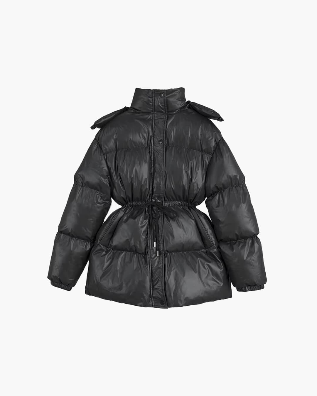 Women's glossy shiny puffer jacket drawstring fit insulated coat cozy winter outdoor fashion