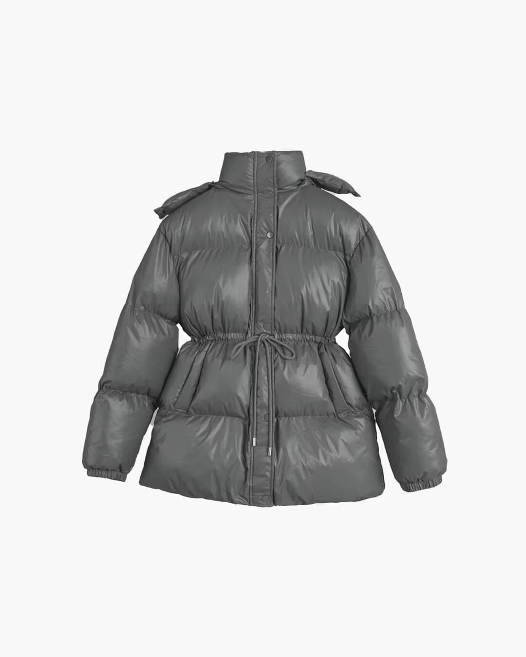 Women's glossy black puffer jacket with drawstring fit, shiny insulated finish for cozy outdoor winter style