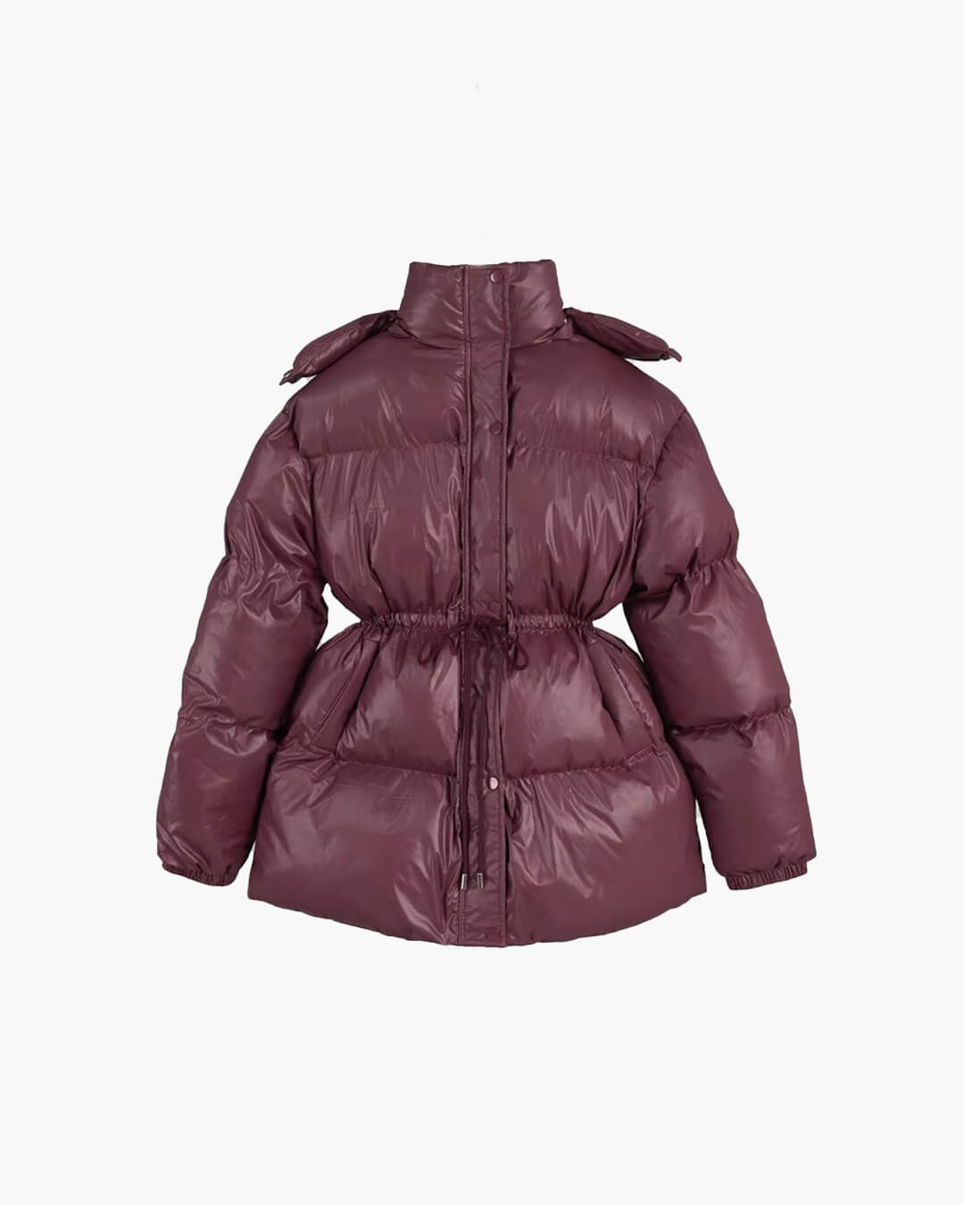 Women's glossy black puffer jacket with drawstring fit, shiny insulated winter coat for outdoor fashion