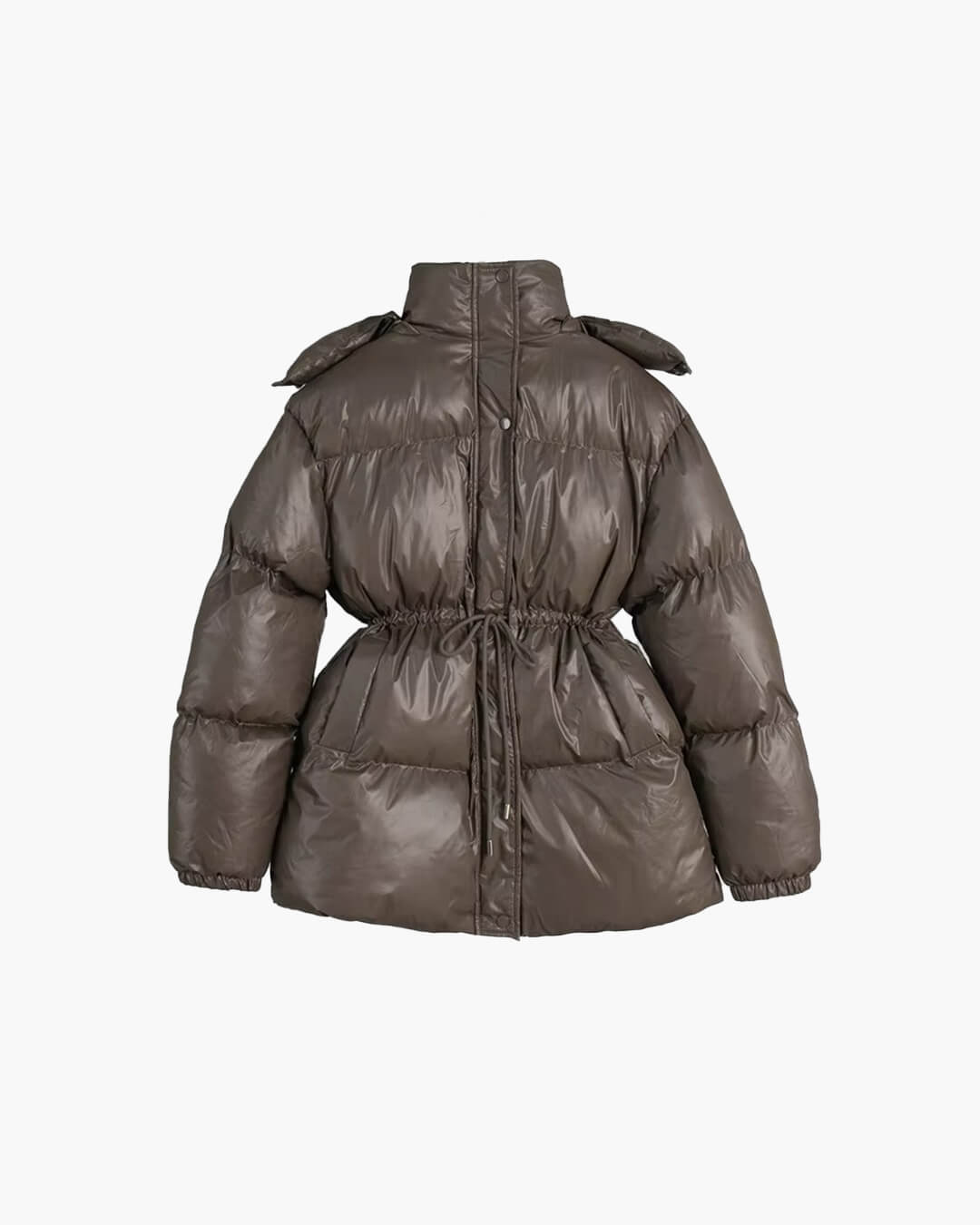 Women's glossy black puffer jacket with drawstring waist, shiny insulated finish for winter outdoor fashion