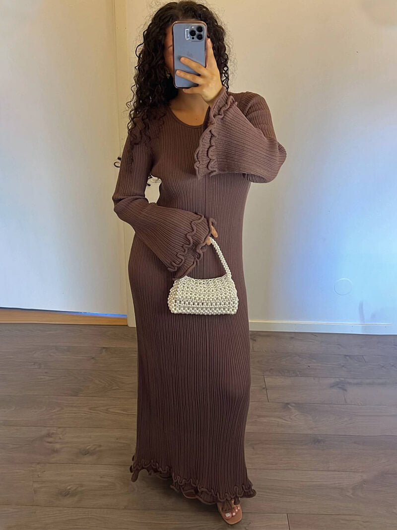 Ribbed maxi dress long sleeve relaxed fit soft textured knit flared cuffs everyday elegant womens style