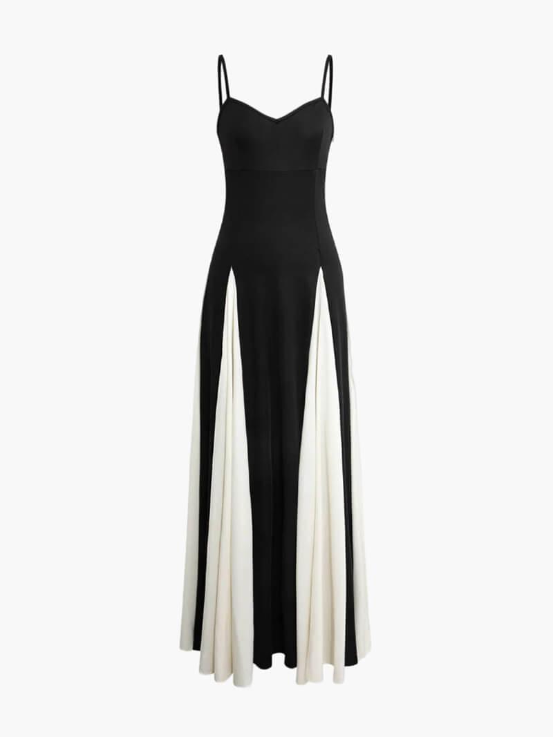 Black maxi dress thin straps open back white detailing asymmetrical drape formal evening gown