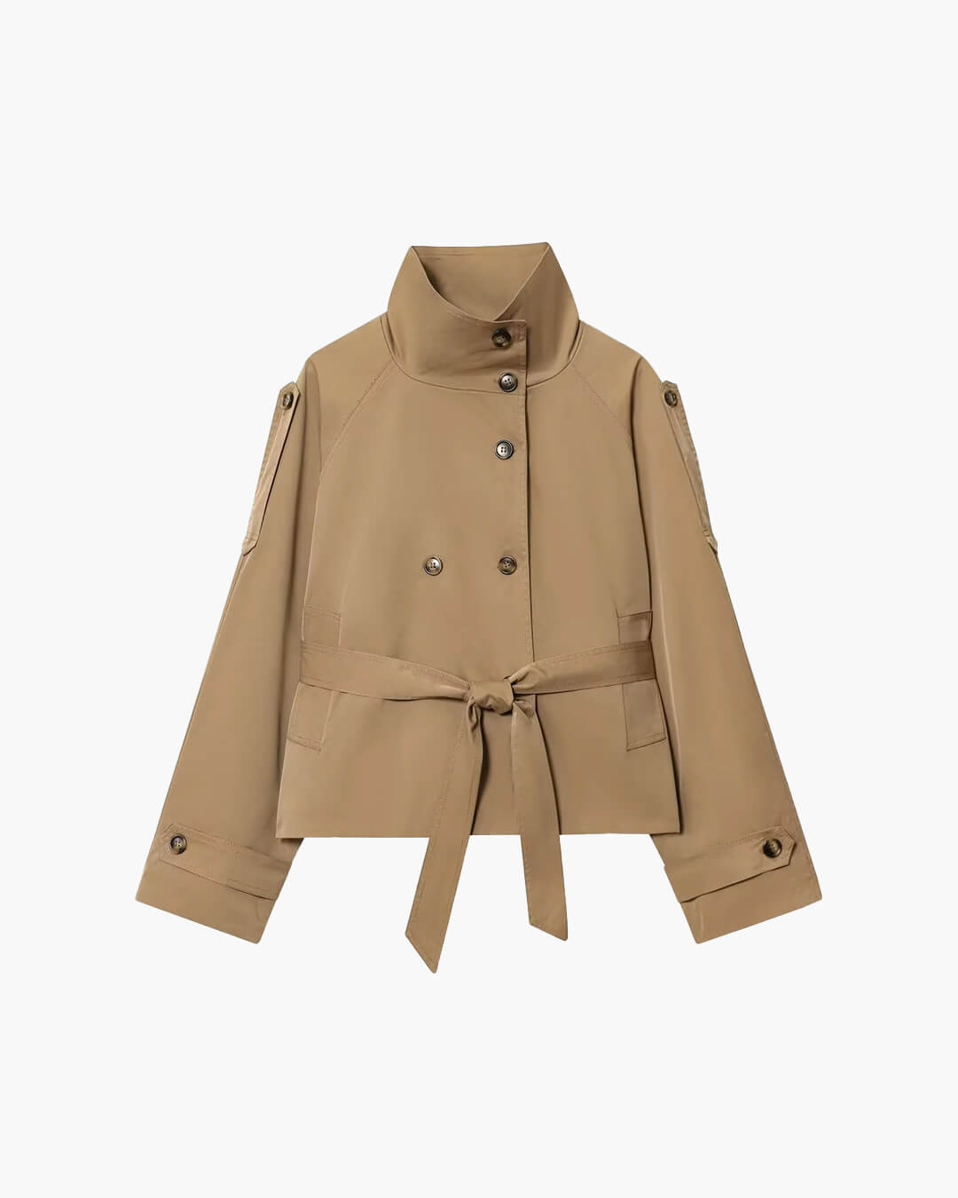 Women's cropped trench coat in neutral tone with belted waist and modern chic silhouette
