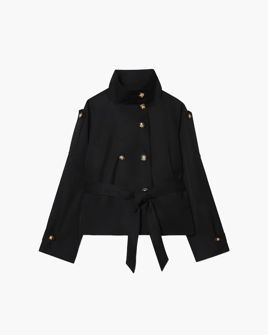 Women's cropped trench coat in neutral tone, belted waist, chic winter layering piece