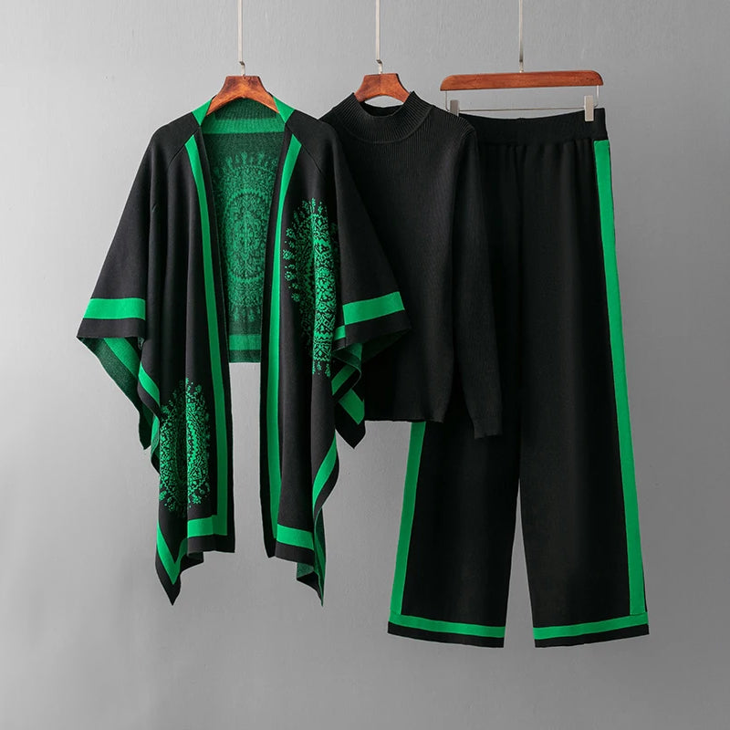 Women's 3-piece ribbed knit set kimono cardigan high-neck sweater wide-leg pants coordinated loungewear