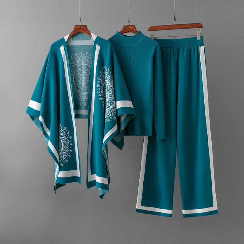 Women's 3-piece ribbed knit set kimono cardigan high neck sweater wide leg pants coordinated loungewear