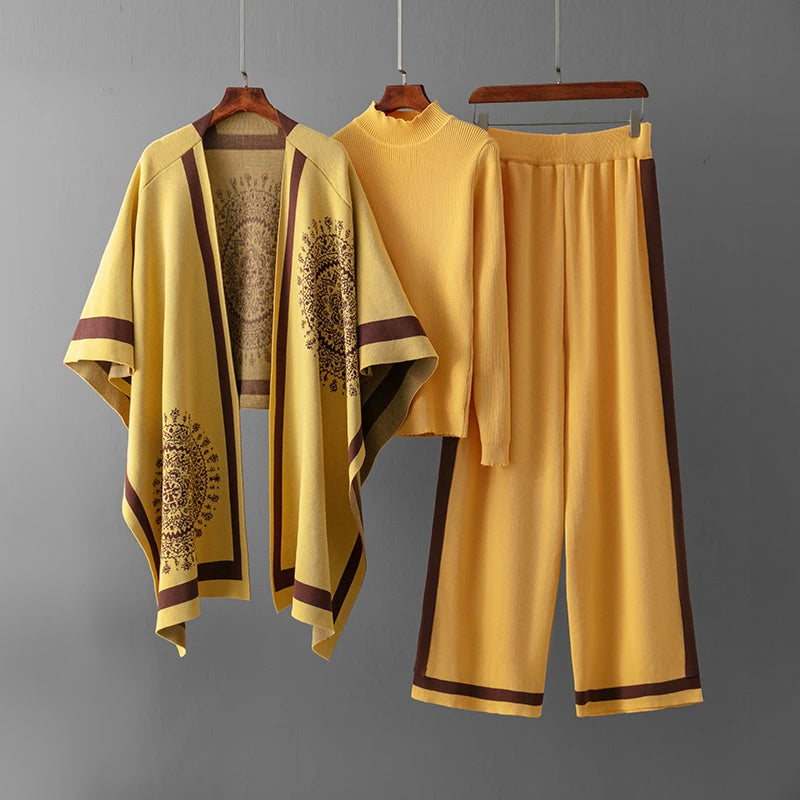 Women's 3-piece ribbed knit set kimono cardigan high-neck sweater wide-leg pants coordinated loungewear