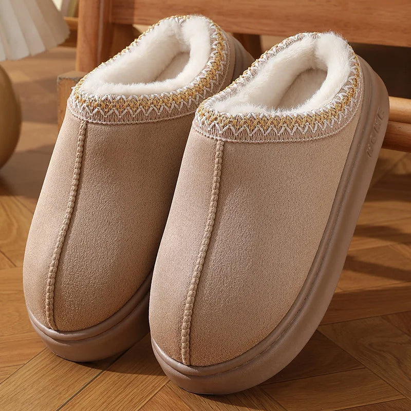 Women's Sofia Amoretti alpine plush slippers in neutral faux suede with lifted platform and ultra-soft lining