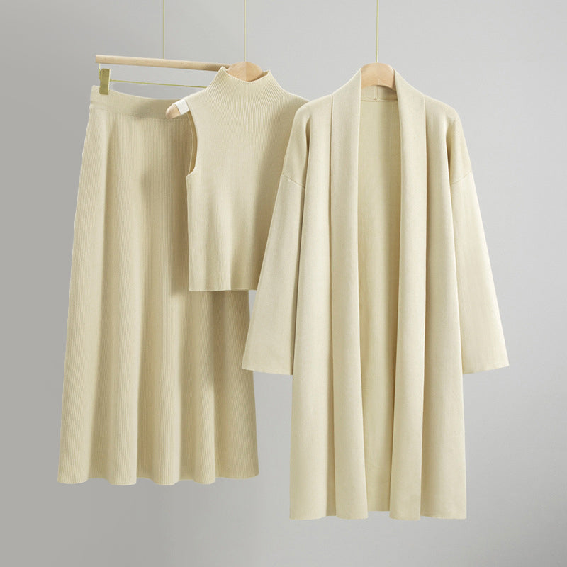 Amber knit 3-piece set cardigan sleeveless top flared midi skirt quiet luxury coordinated elegant women